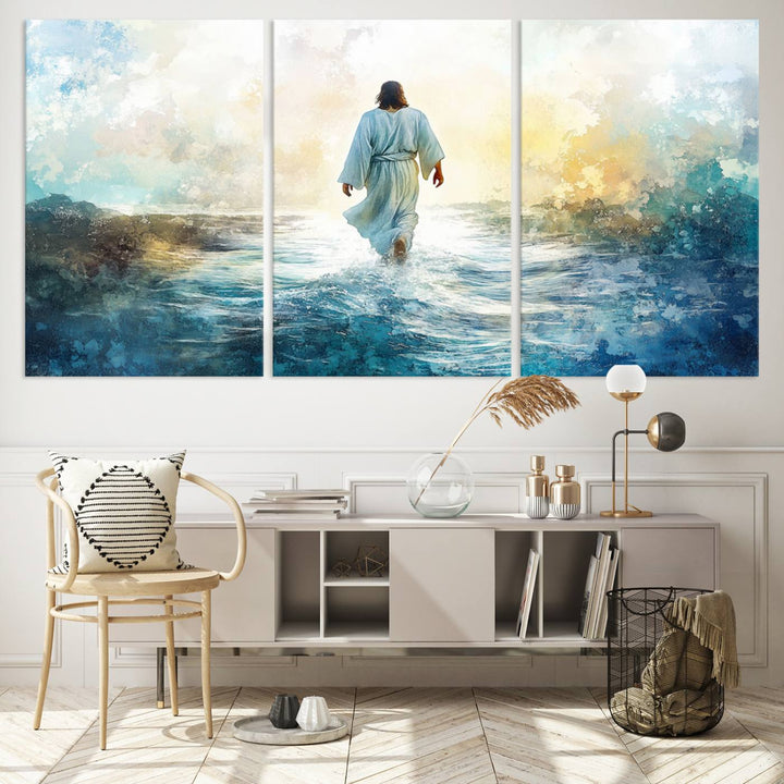 Watercolor Jesus Walking on Water Canvas Print, Christian Wall Art, Jesus Christ Walking