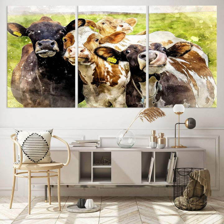 A charming triptych featuring the "Curious Cows Farmhouse Wall Art," a ready-to-hang and framed canvas print, adds a touch of rustic farm decor to the space.