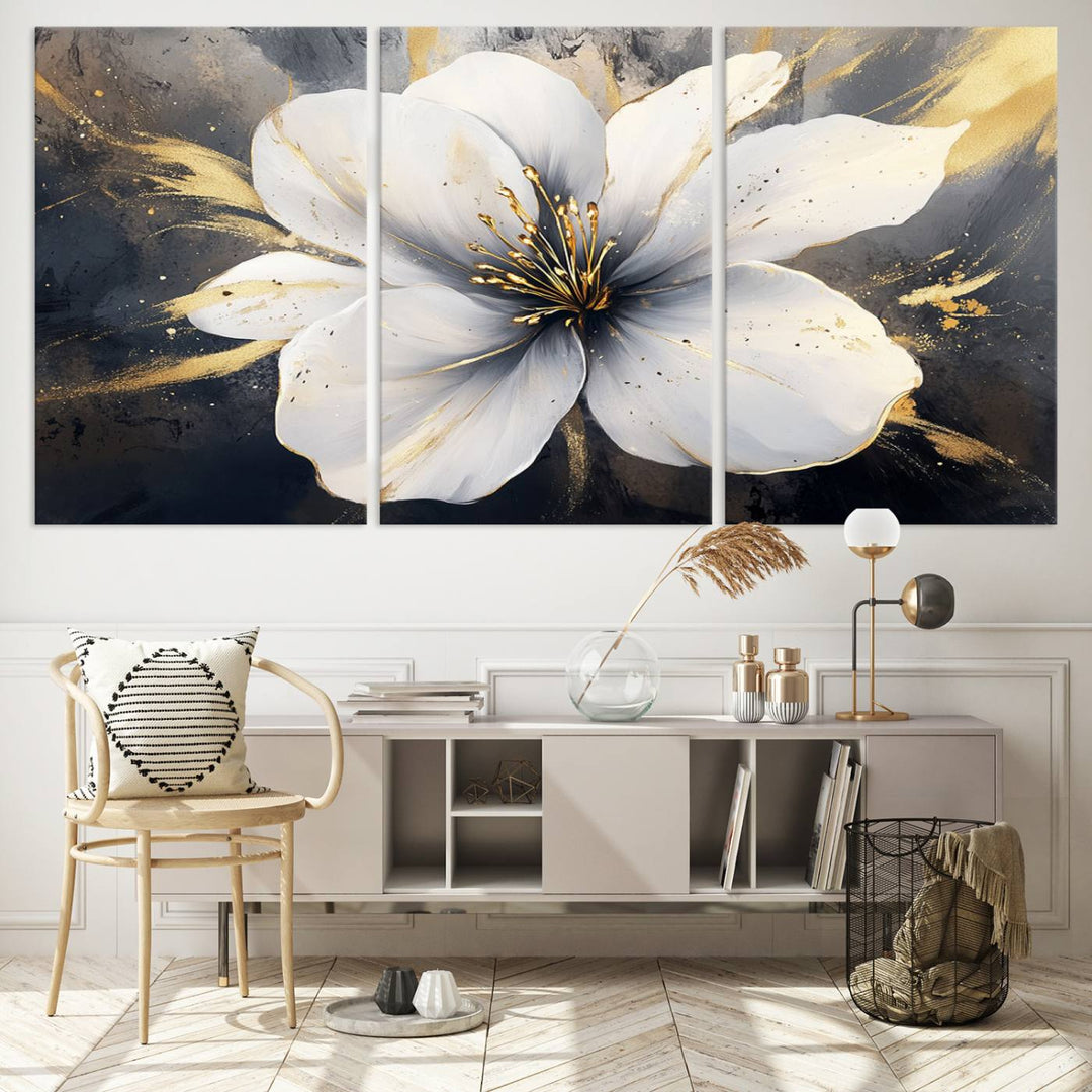 White Flower Wall Art | Canvas Print | Ready to Hang | Abstract Floral Wall Decor | Elegant Bloom Artwork | Framed for Living Room or Bedroom