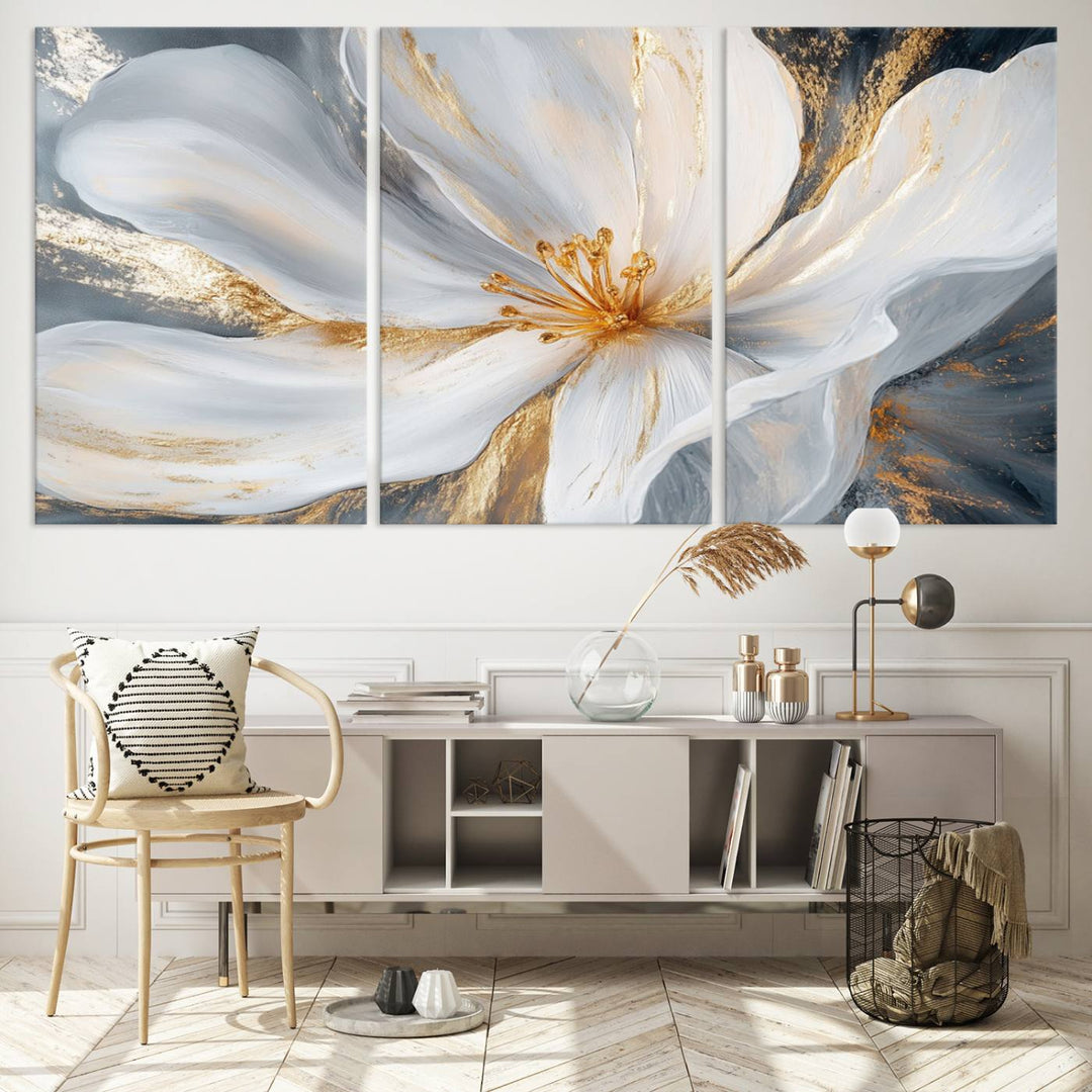 White and Gold Floral Canvas Wall Art - Framed and Ready to Hang - Perfect for Modern Living Rooms