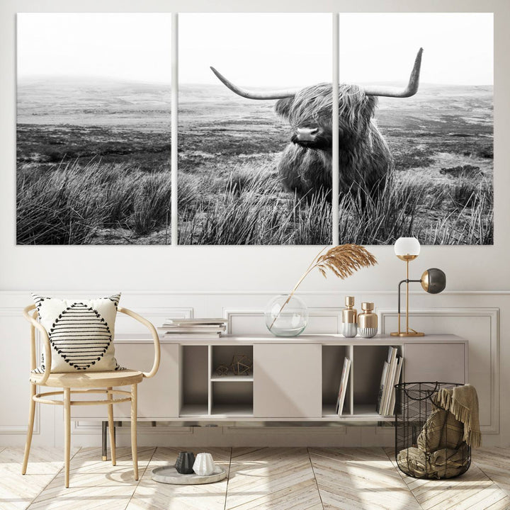 Scottish Highland Cow Wall Art | Black and White Canvas Print | Ready to Hang and Framed | Rustic Farmhouse Wall Decor for Living Room or Office