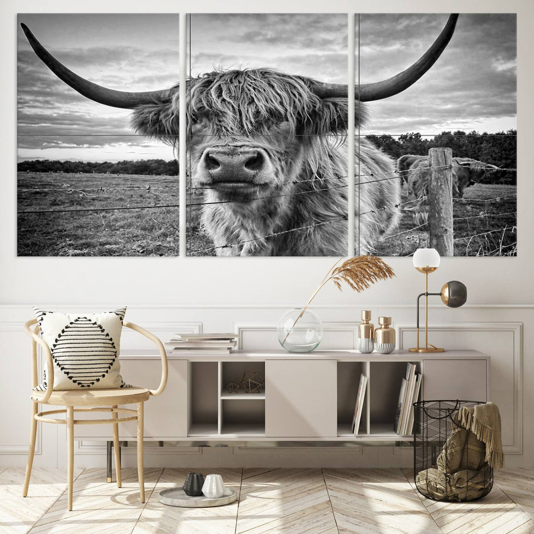 Scottish Highland Cow Wall Art Canvas Print | Ready to Hang and Framed | Rustic Farmhouse Decor