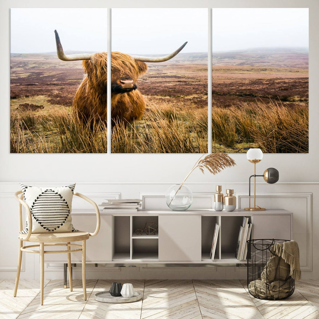 Scottish Highland Cow Wall Art Canvas Print | Ready to Hang and Framed | Rustic Farmhouse Decor for Living Room or Cabin