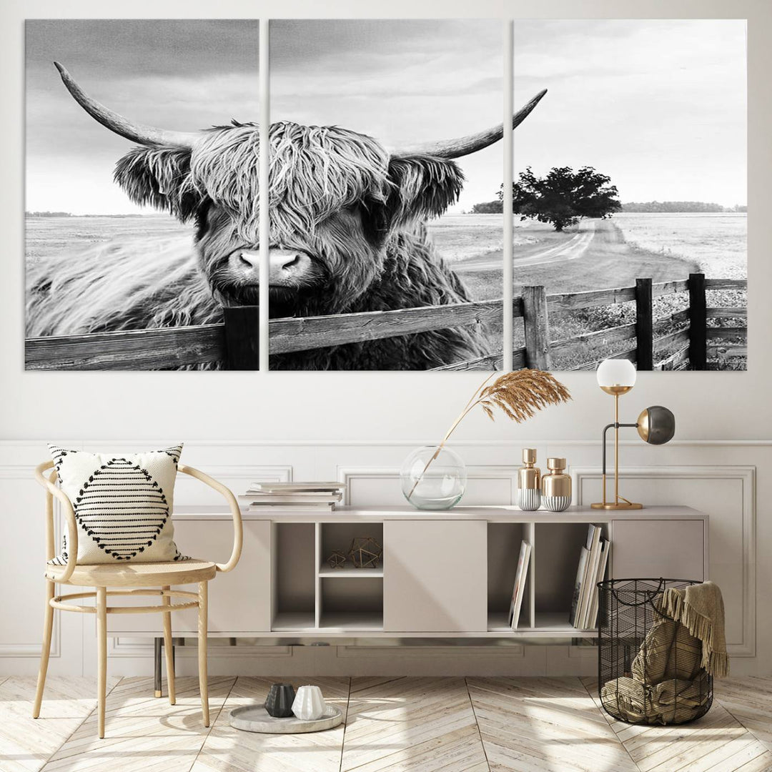 Scottish Highland Cow Wall Art | Rustic Farmhouse Décor | Black and White Ready to Hang Canvas Print