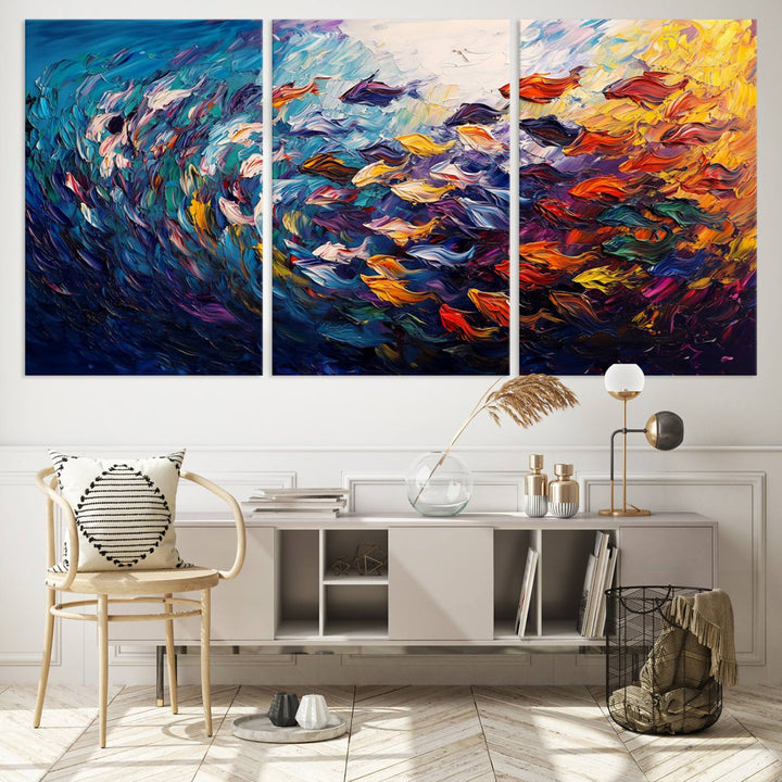 Vibrant Abstract Fish Swarm Art – Colorful Fish Inspired 3-Piece Canvas Wall Art for Living Room or Office – Framed and Ready to Hang