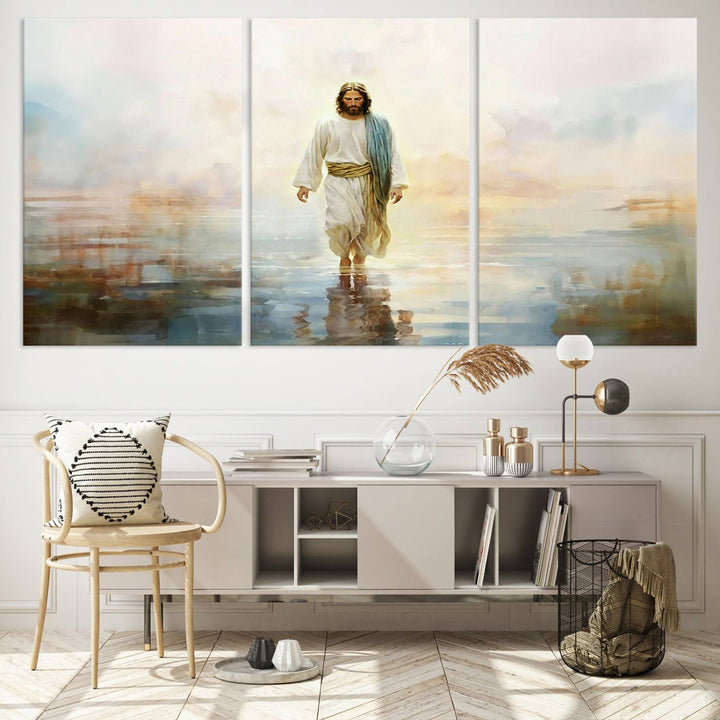 Framed Jesus Walking on Water Wall Art - 3-Panel Christian Canvas Prints, Religious Artwork, Ready to Hang Home Decor for Living Room, Office, or Church