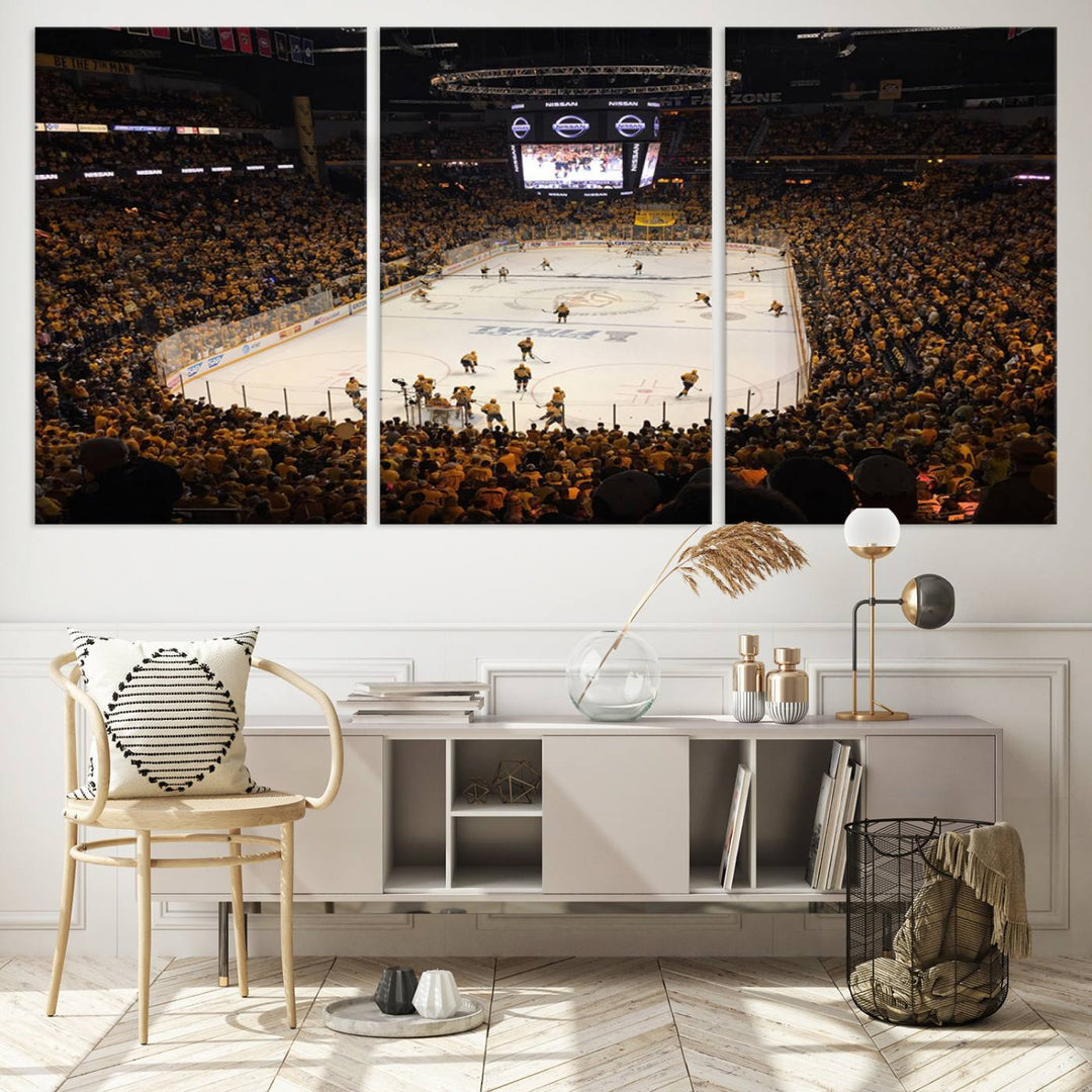 A captivating triptych canvas print, titled "Bridgestone Arena - Nashville Predators Hockey Team Print," adorns the wall. This Nashville wall art canvas print is perfect for Predators fans who appreciate sports-themed decor.