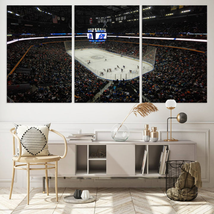 The nautical-themed room is enhanced by the KeyBank Center New York Buffalo Sabres Hockey Stadium Wall Art Canvas Print, a three-panel depiction of a bustling hockey arena with a gallery-quality finish. This canvas artwork, handmade in the USA, introduces an element of sporting elegance to your decor.