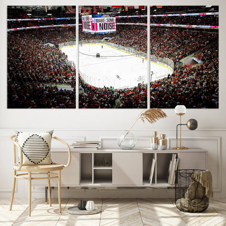 The living room features the PNC Arena Raleigh North Carolina Hurricanes Hockey Stadium Wall Art Canvas Print, which depicts a crowded ice hockey stadium with enthusiastic fans and an ongoing game, all rendered in high-resolution on museum-quality canvas.