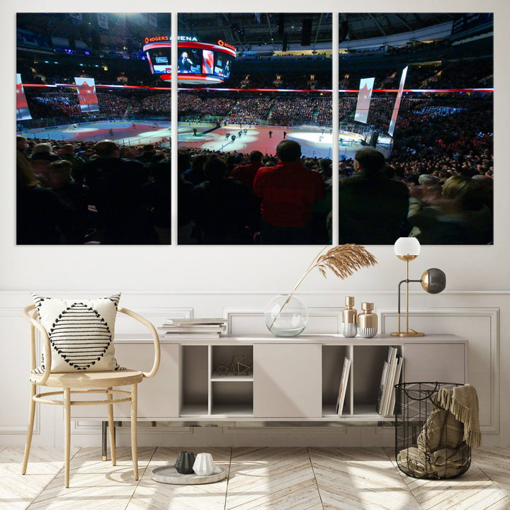 Experience the intense atmosphere of a full-capacity ice hockey game at Rogers Arena, home of the Vancouver Canucks, captured on museum-quality canvas.