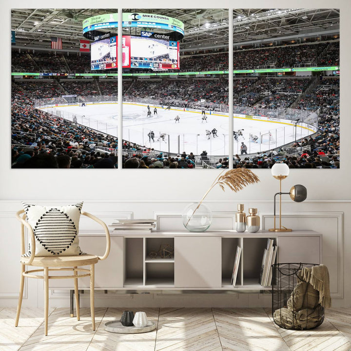 A packed ice hockey arena buzzes with energy as players glide on the ice and a large screen displays scores. The indoor decor features Sharks Arena Blackhawks Sharks Ice Hockey Stadium Wall Art Canvas Prints, creating an unexpected yet charming sporting atmosphere reminiscent of a gallery.