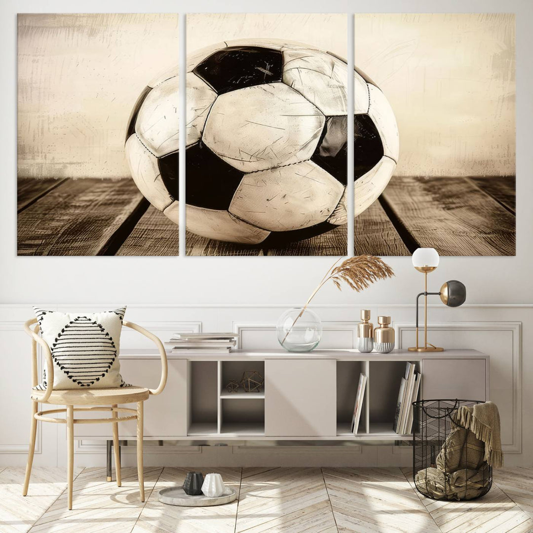 Vintage Soccer Ball Triptych Canvas Art – 3-Panel Soccer Wall Decor, Framed and Ready to Hang Sports Art for Home, Office, or Gym