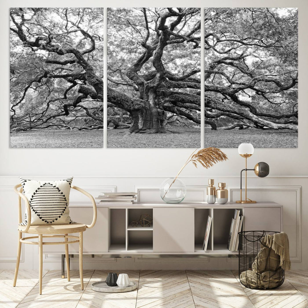 Black White Angel Oak Tree Wall Art - Timeless Nature-Inspired Canvas for Rustic, Modern, or Traditional Home Decor