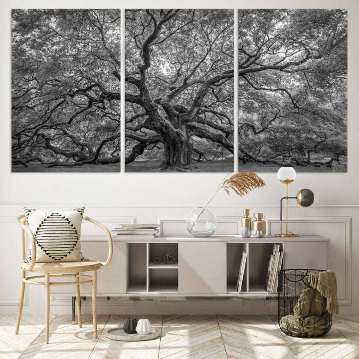 Majestic Angel Oak Tree Black and White Canvas Print – Multi Panel Wall Art, Giclée Print, Ready to Hang Nature Photography for Home Decor