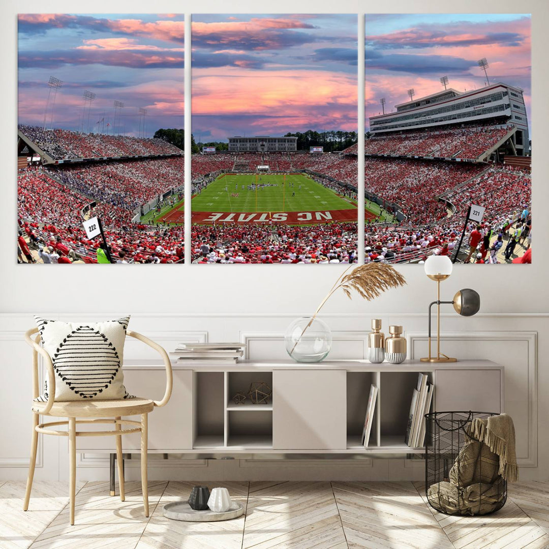 Carter-Finley Stadium Sunset Game Triple Canvas Wall Art - NC State Wolfpack Football Match