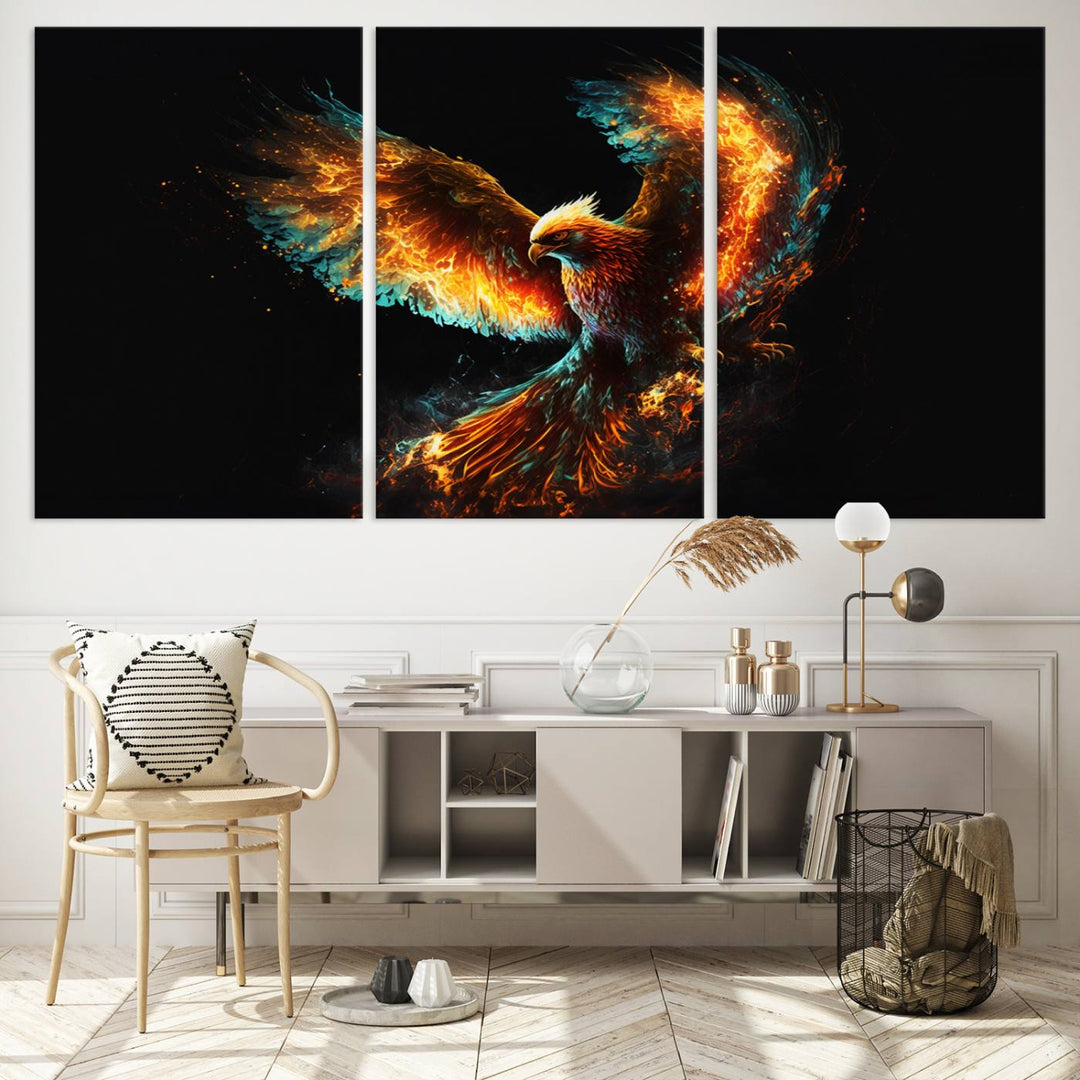 Fiery Phoenix Canvas Print | Ready to Hang Wall Art | Bold Fantasy Decor for Living Room | Majestic Bird Artwork