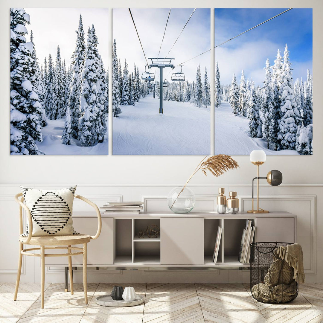 Winter Ski Lift Landscape Wall Art | Snowy Mountain Adventure | Framed and Ready to Hang | Perfect for Cabin Wall Art, Farmhouse Decor