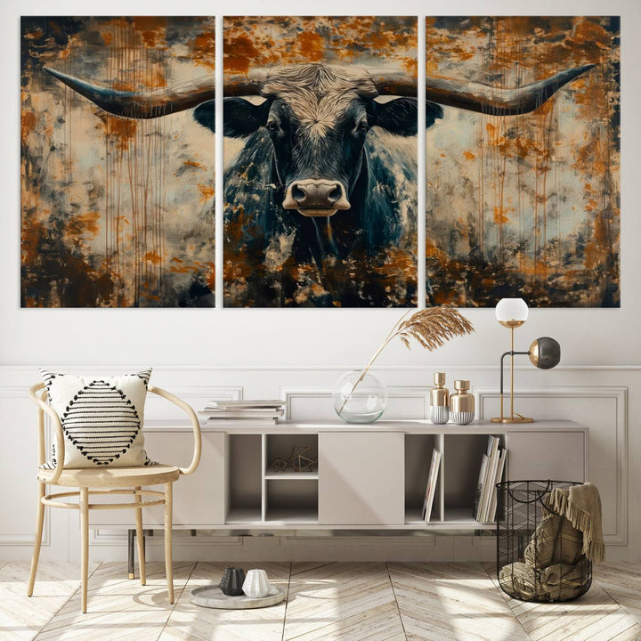 Abstract Longhorn Bull Wall Art | Rustic Western Wall Decor | Framed and Ready to Hang | Ideal for Farmhouse, Lodge, and Barn Decor