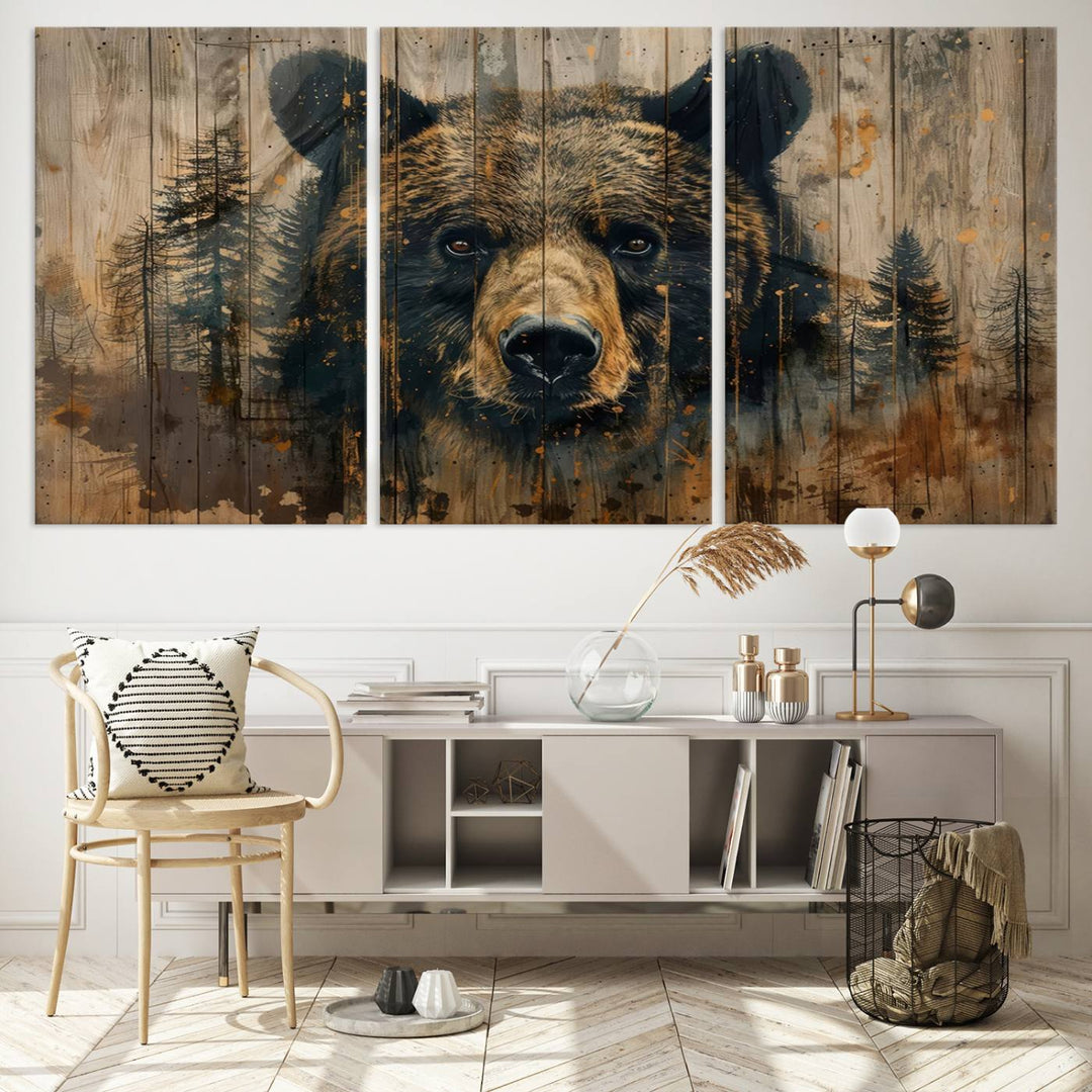 The Abstract 399 Bear Wall Art, featuring a rustic cabin theme with forest design, is framed and ready to hang. It's ideal for lodge, cabin, and barn decor and perfectly complements the nature lover's aesthetic.