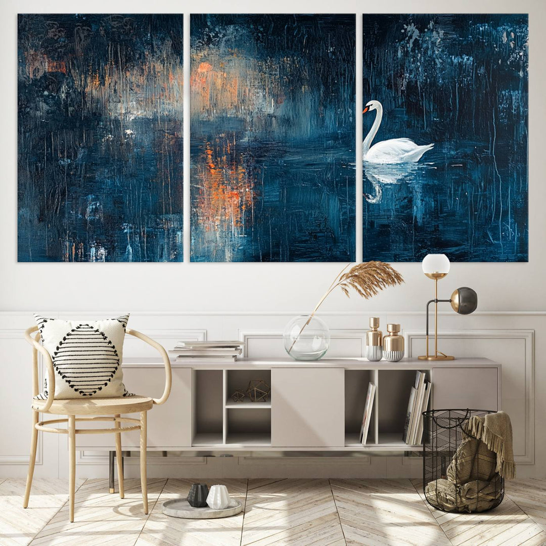 Abstract Swan Wall Art | Moody Blue and Orange Swan Painting on Canvas | Framed and Ready to Hang | Elegant and Modern Art for Living Room or Bedroom Decor