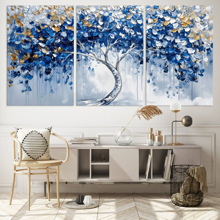 Elegant Blue and Gold Abstract Tree Wall Art | Textured Modern Tree of Life Painting | Framed Canvas Print | Ready to Hang for Dining Room Decor