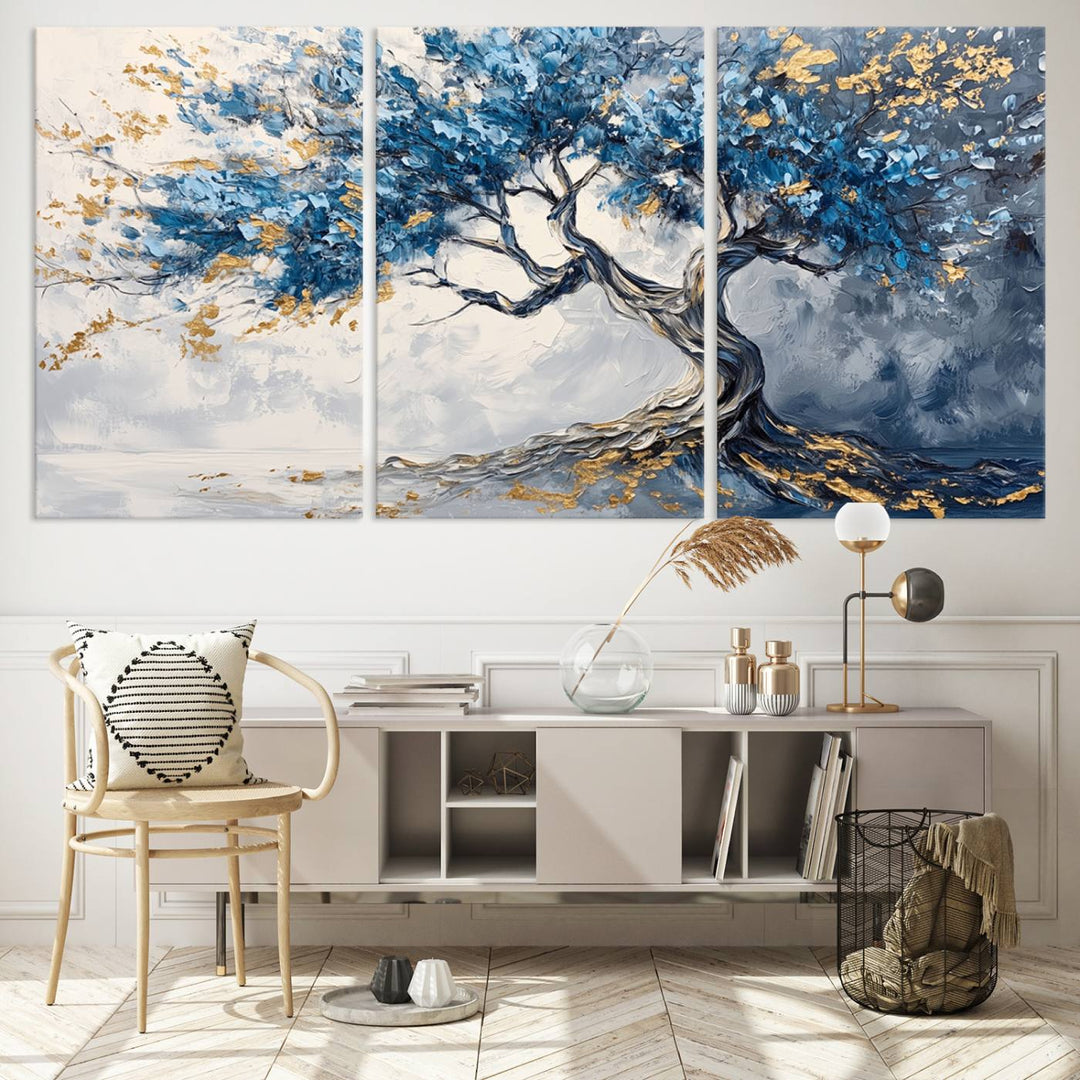 Elegant Abstract Tree Canvas Wall Art | Tree of Life Painting | Textured Art in Blue and Gold | Framed & Ready to Hang for Modern Living Room Decor