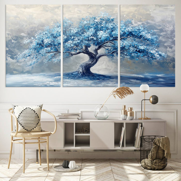 Serene Abstract Blue Tree Wall Art | Canvas Print of a Majestic Tree in Blue Hues | Perfect for Farmhouse, Coastal, and Modern Decor