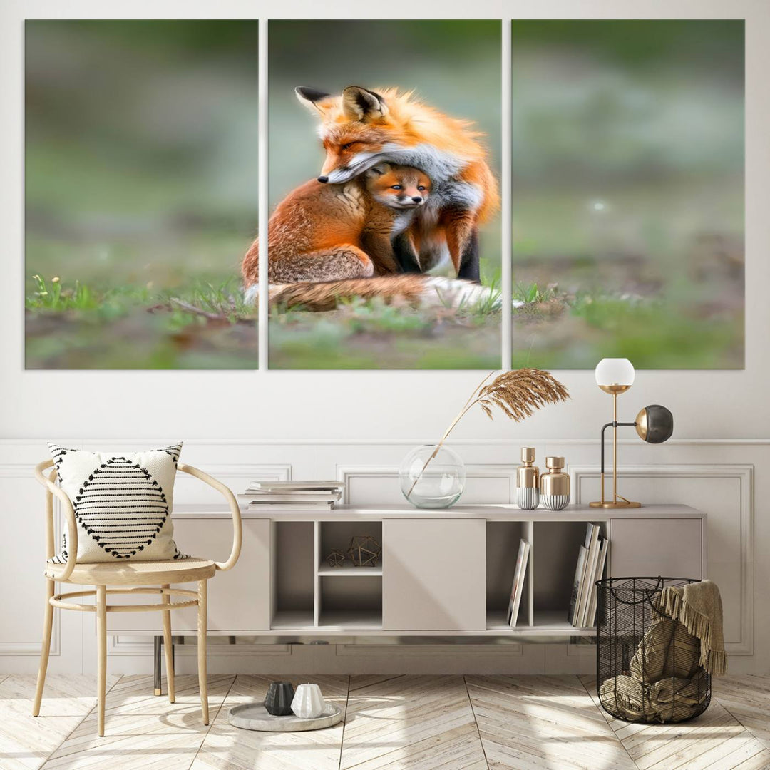 Heartwarming Fox and Baby Cub Wall Art | Ready to Hang Canvas Print of Foxes in Nature | Perfect for Animal Lovers, Rustic Decor, and Cabin Wall Art