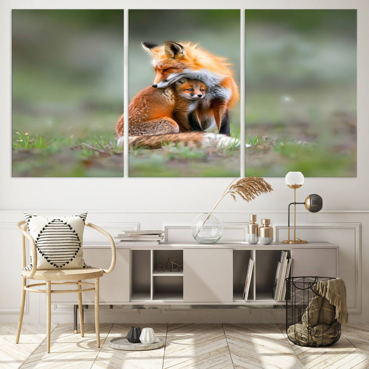 Heartwarming Fox and Baby Cub Wall Art | Ready to Hang Canvas Print of Foxes in Nature | Perfect for Animal Lovers, Rustic Decor, and Cabin Wall Art