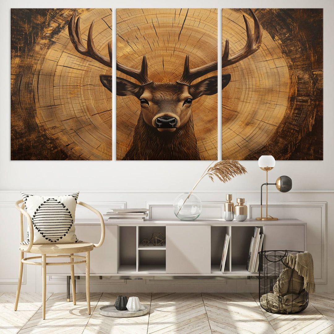 Deer Wall Art Canvas Print | Ready to Hang Canvas Print of a Stag with Rustic Tree Rings | Perfect for Farmhouse Wall Decor, Cabin Wall Art