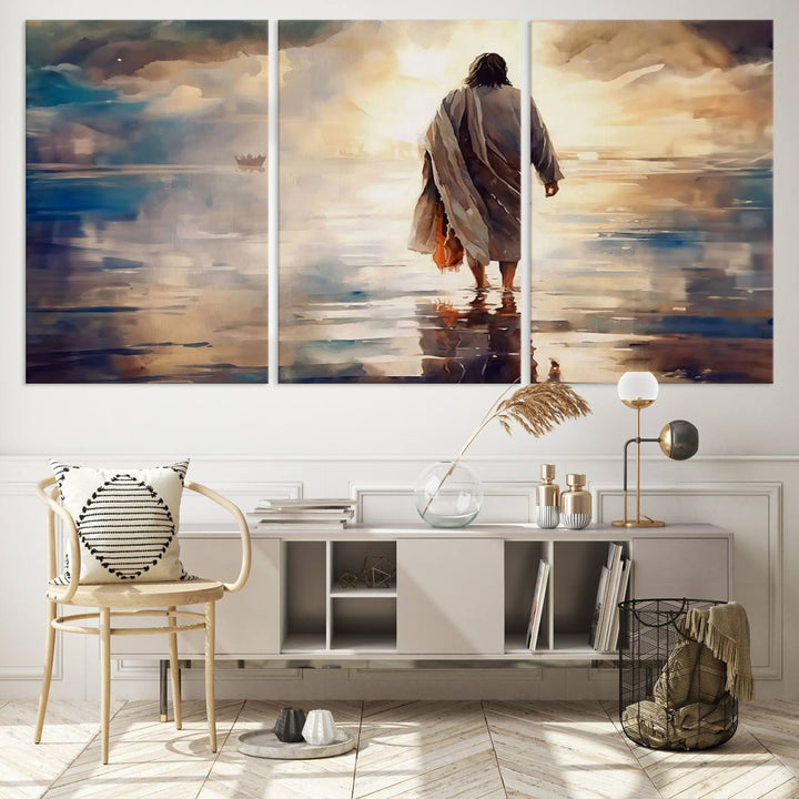 Jesus Walking on Water Wall Art | Ready to Hang Spiritual Triptych Canvas Print | Inspirational Christian Decor for Home or Church