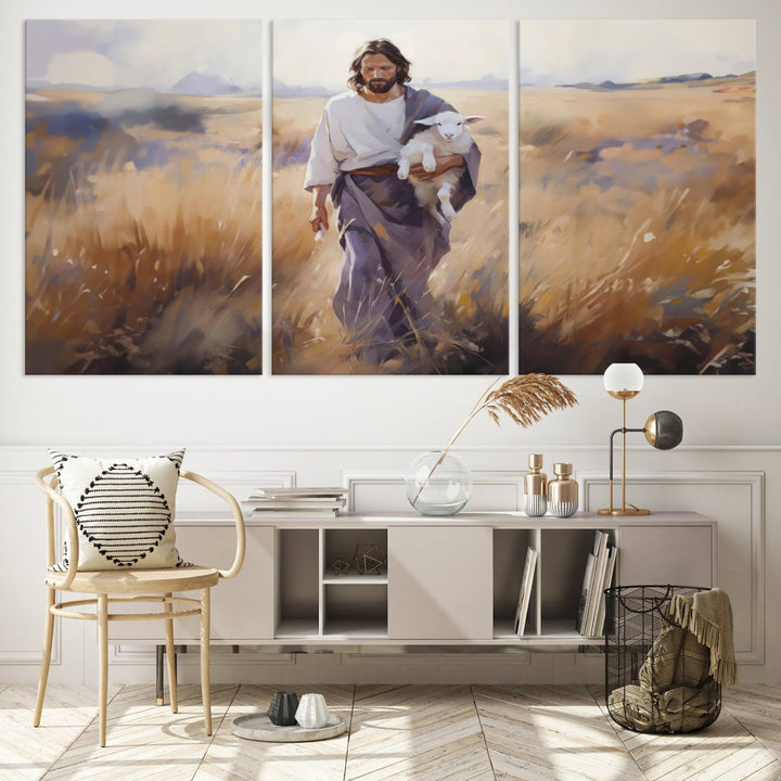 Jesus the Good Shepherd Wall Art Canvas Print - Lost Lamb  Print for Prayer Room Decor