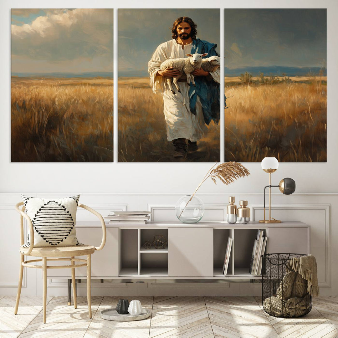 Jesus Shepherd Wall Art | Ready to Hang Triptych Canvas of Jesus Holding a Lamb in a Field | Inspirational Christian Decor for Home