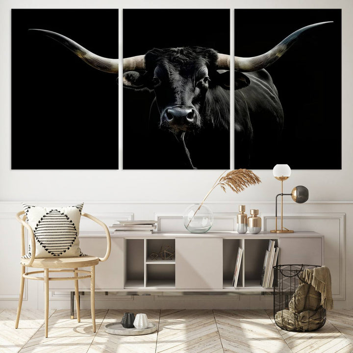 Texas Black Longhorn Bull Wall Art Canvas Print - Western Texas Cattle Rustic Decor Print - Longhorn Cow Wall Art