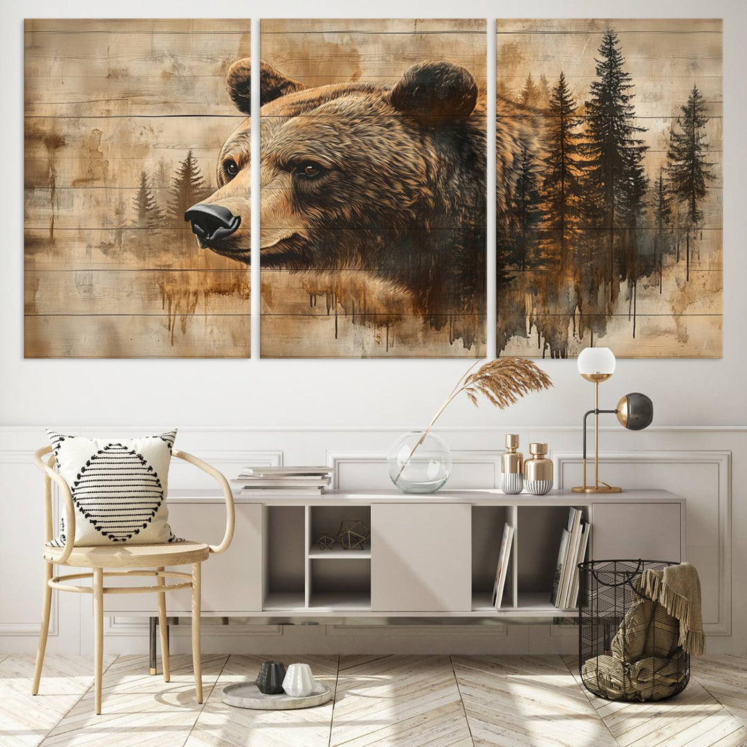 Abstract Rustic Grizzly Bear Wall Art Canvas Print - Woodland Wildlife Forest Print for Farmhouse Decor