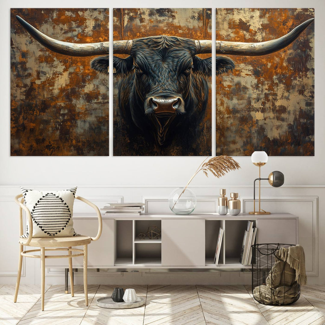 Abstract Longhorn Texas Bull Wall Art | Rustic Farmhouse Canvas Print | Ready to Hang Barn Decor for Farmhouse and Cabin Style