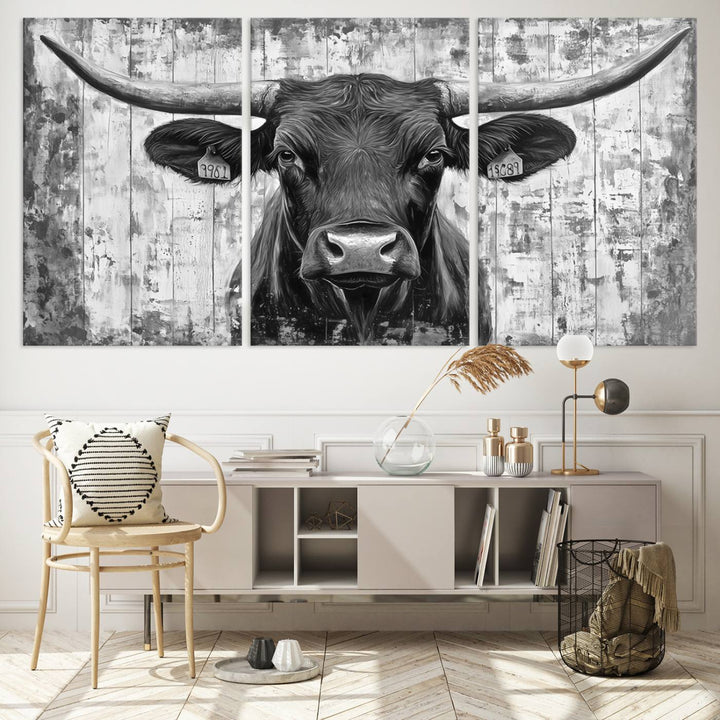 Abstract Longhorn Bull Wall Art Canvas Print - Rustic Texas Western Cow Artwork