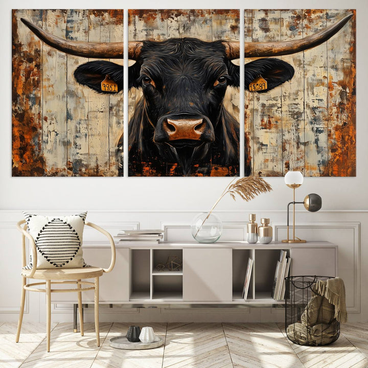 Abstract Cow Longhorn Bull Wall Art Canvas Print - Rustic Texas Western Cattle Artwork