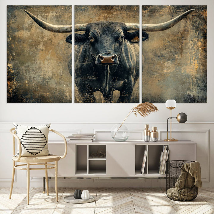 Abstract Cow Longhorn Bull Wall Art Canvas Print - Rustic Texas Western Cattle Artwork