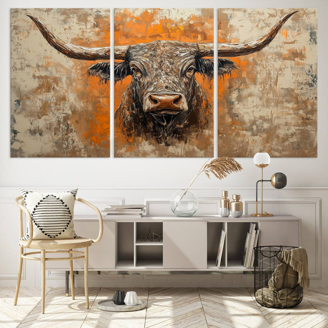 Abstract Cow Longhorn Bull Wall Art Canvas Print - Rustic Texas Western Cattle Artwork