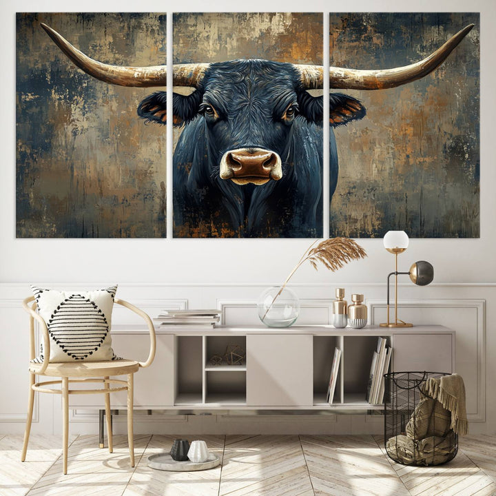 Abstract Cow Longhorn Bull Wall Art Canvas Print - Rustic Texas Western Cattle Artwork