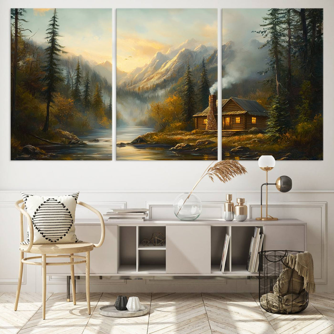 Wood Cabin Retreat Mountain at Sunset Wall Art Print - Serene Forest and River Landscape Wall Art Canvas Print