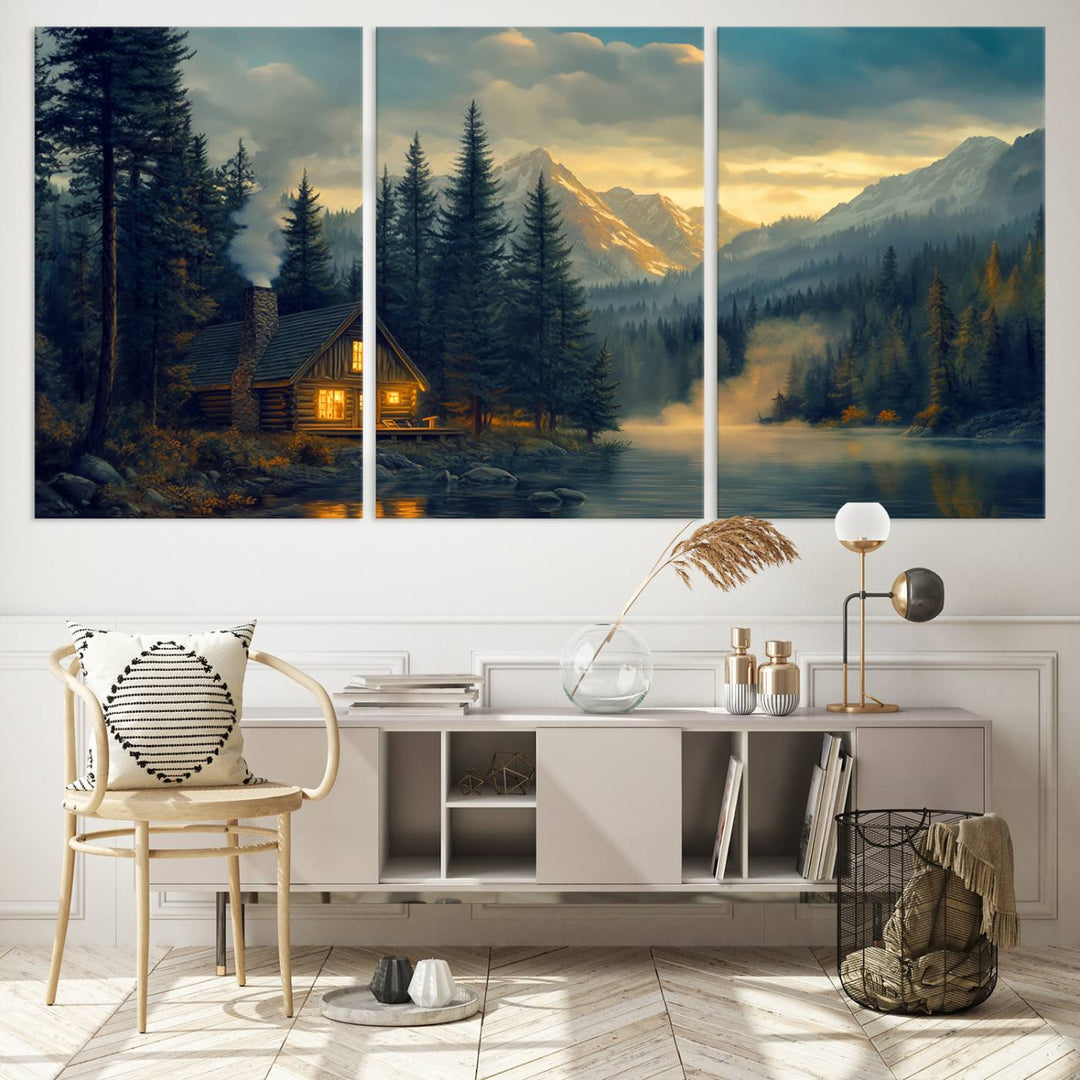 Mountain Cabin by the Lake at Sunset Wall Art - Serene Nature Canvas Print for Living Room Decor, Rustic Lodge Ambiance, 3-Panel Large Wall Art