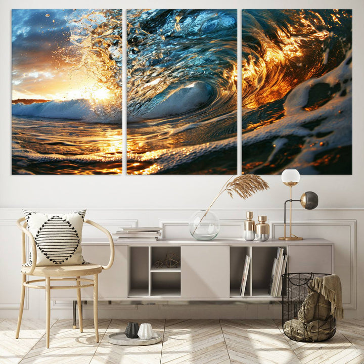 Ocean Wave at Sunset Wall Art | Ready to Hang Triptych Canvas Print | Coastal Wall Art for Living Room | Nautical and Beach House Decor