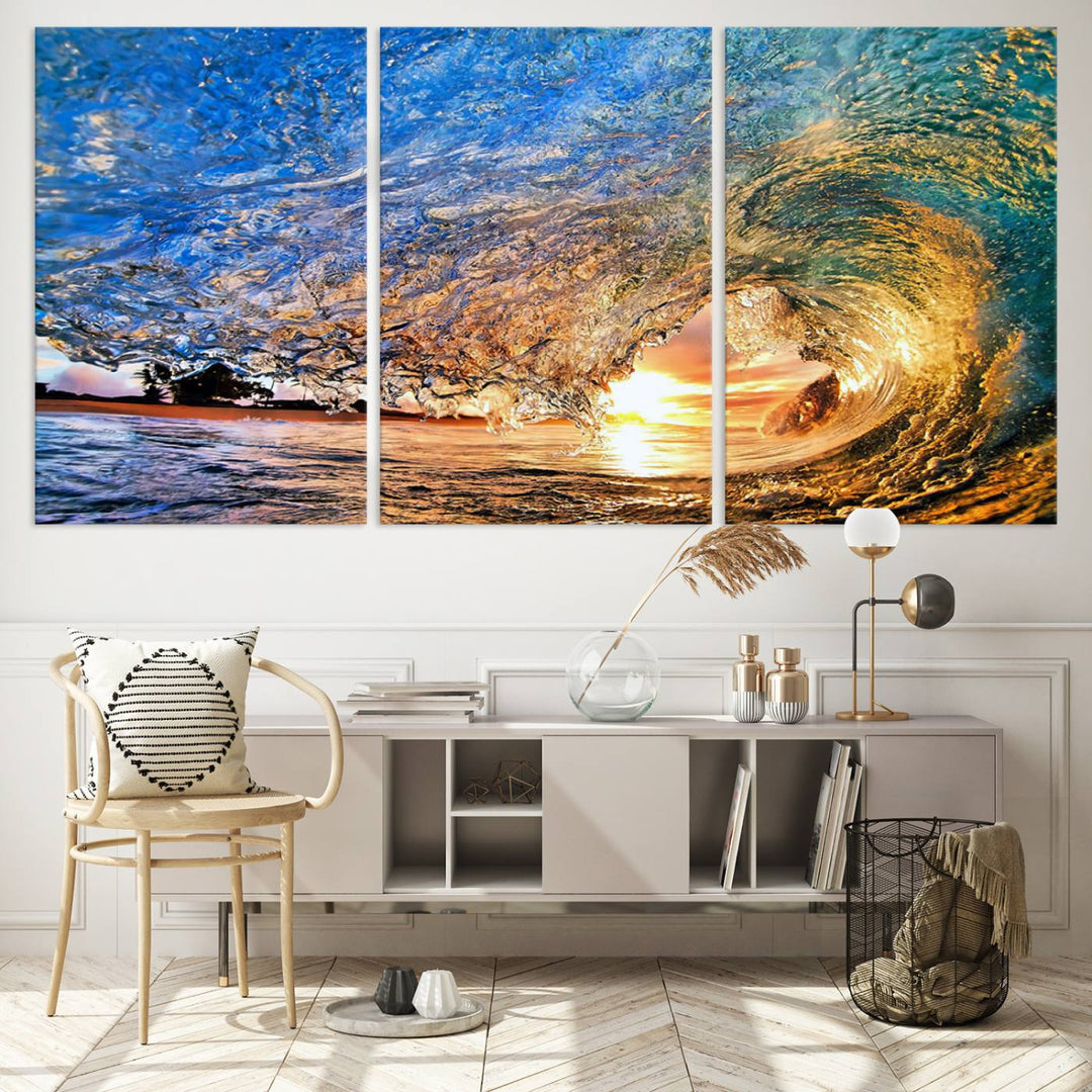 Ocean Wave at Sunset Canvas Print | Large Coastal Ocean Wall Art Print | Vibrant Beach Waves Art Print | Surf Lover Gift | Nautical Decor