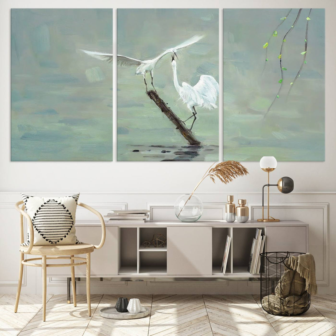 Elegant White Herons on Calm Waters | Coastal Wall Art for Nature-Inspired Decor | Serene Triptych Canvas Print | Ready to Hang Bird-Themed Art for Home Decor