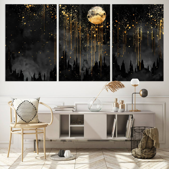 Gold Moon and Black Skyline Abstract Wall Art | Dark Modern Canvas Print with Dripping Gold Accents | Triptych Contemporary Homes