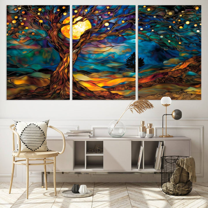 Yggdrasil Tree of Life Canvas Print - Vibrant Moonlit Tree Wall Art,  Tree of Life wall art, Nature-Inspired Stained Glass Effect