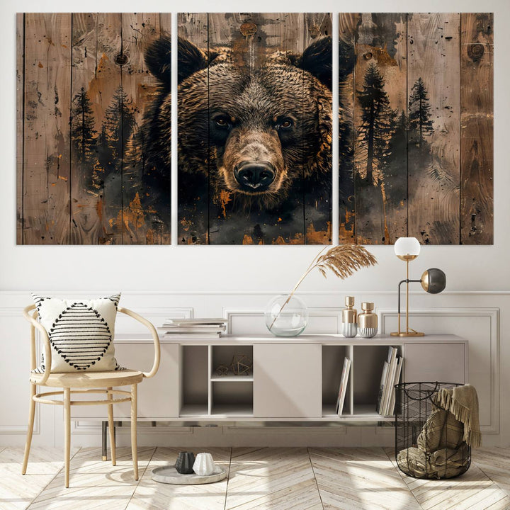 Rustic Bear Wall Art | Triptych Canvas Print | Rustic Cabin Wall Decor | Forest-Inspired Animal Art | Perfect for Farmhouse or Woodland Print