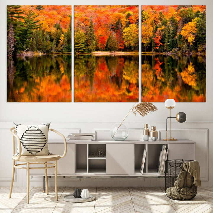 Autumn Forest Reflection Wall Art | Triptych Canvas Print | Vibrant Fall Foliage Wall Decor | Nature-Inspired Cabin Wall Art for Living Room